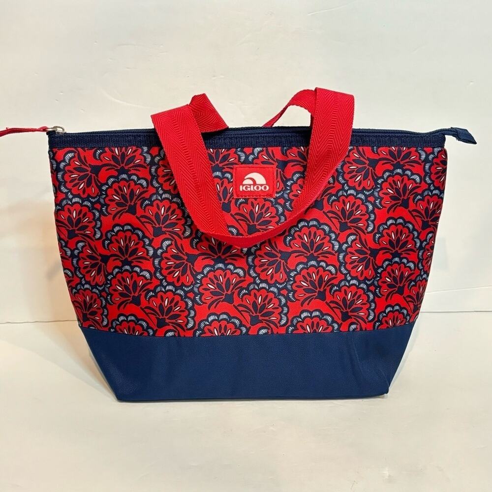 Igloo Red Navy Blue Floral Zip Top Insulated Lunch Tote Bag